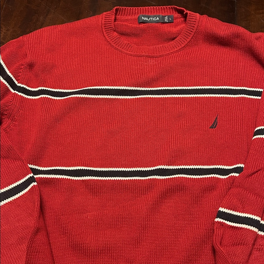 Nautica Red Knit Sweater with Stripes
